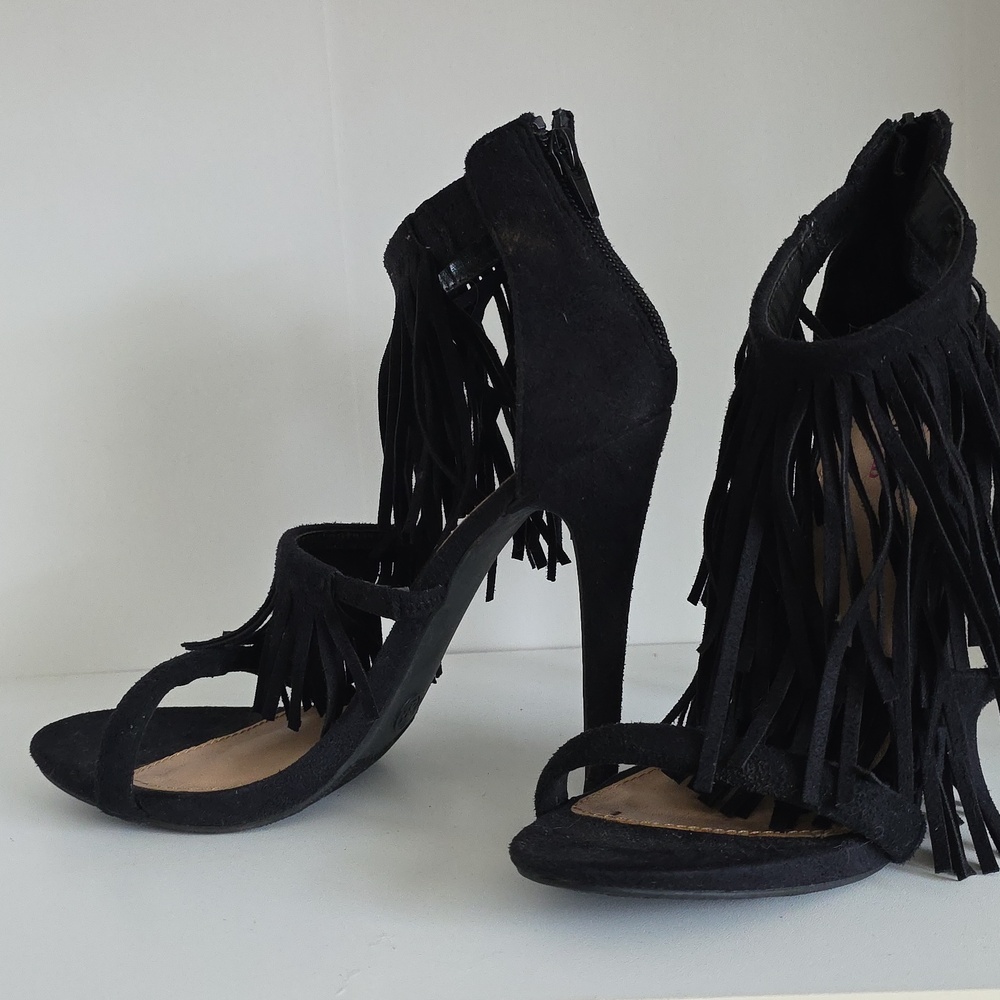 JustFab Black Fringe Stiletto Sandals